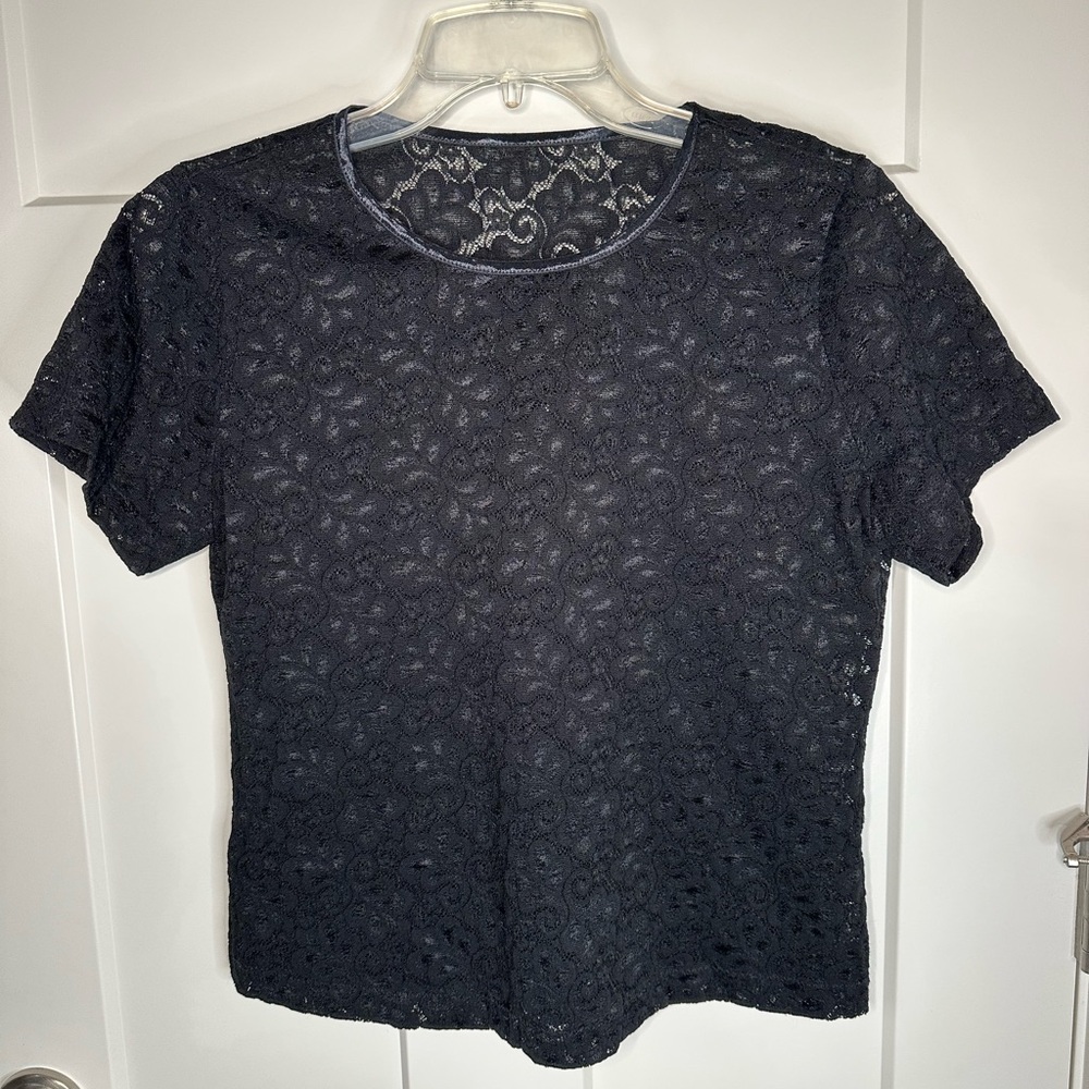 Black Floral Lace Sheer Top Women's Small/Medium Stretch Short Sleeve Blouse